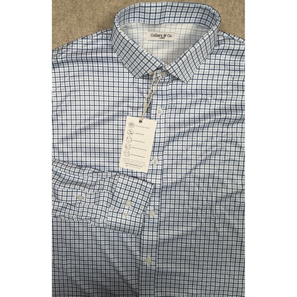 Collars & Co Shirt Mens Large Button Up Long Sleeve Check‎ White Blue Polyester